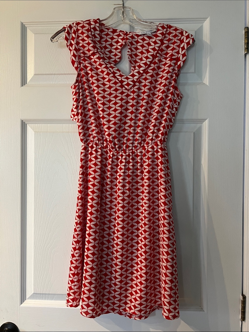 41 Hawthorn Red and White Geometric Fit-and-Flare Midi Dress